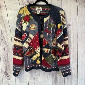 Tiara vintage Multicolor Knit Patchwork Cardigan Sweater Small